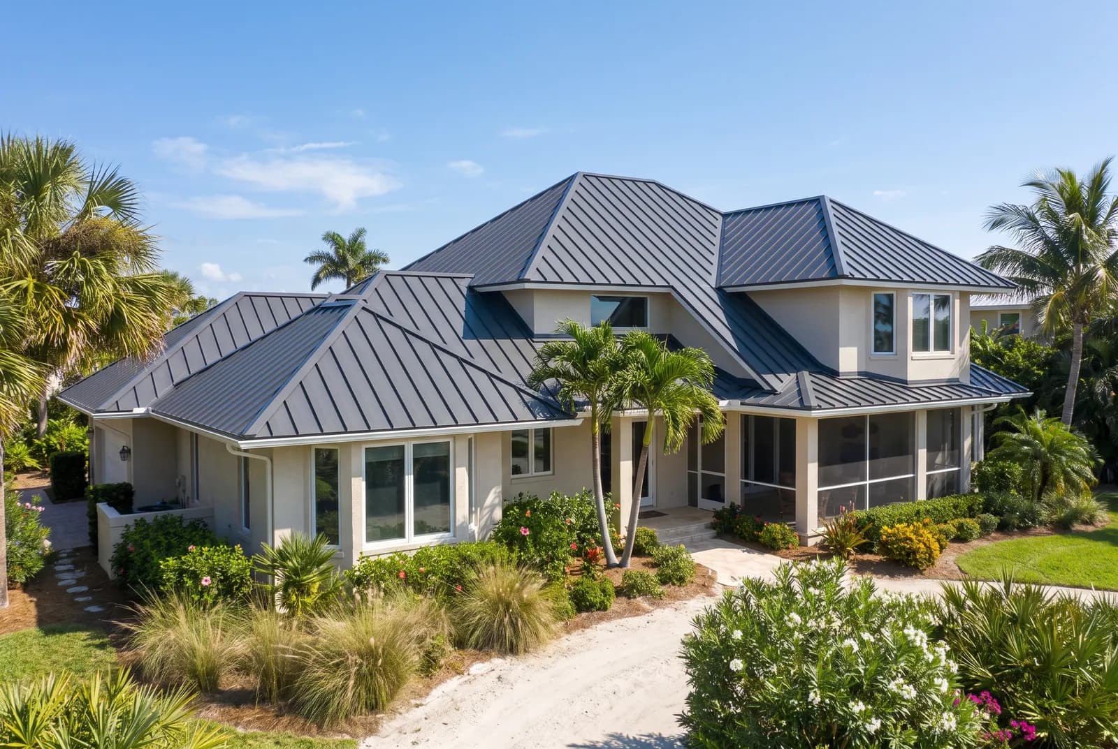 Farmhouse with a grey standing seam metal roof, raised vertical ribs