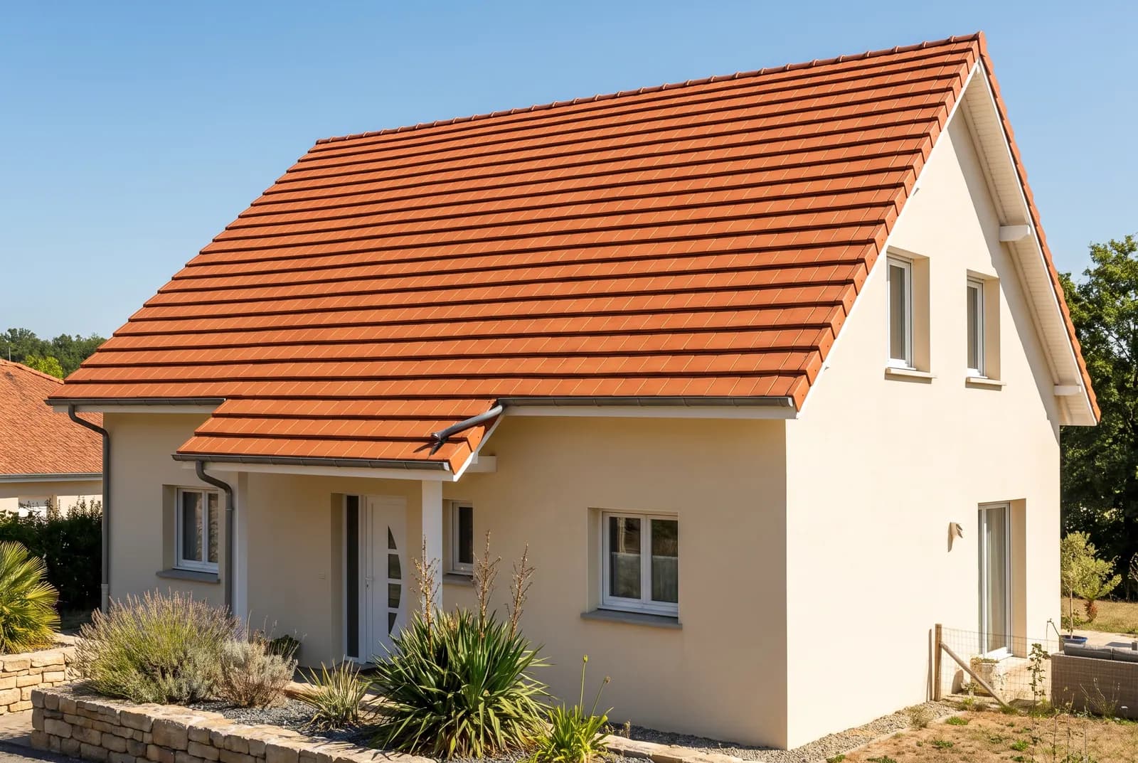Close-up of crisp interlocking terracotta clay roof tiles